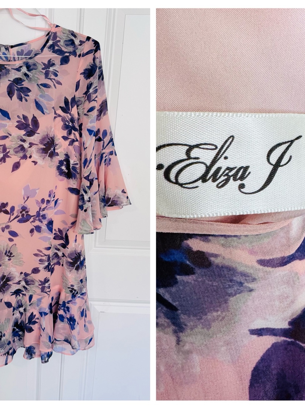 Eliza J Pink Floral Ruffle Hem Dress with Purple & Blue Accents